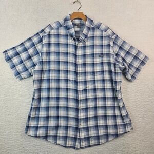 Eddie Bauer Mens 2XL Blue Tan Plaid Short Sleeve Button Down Cotton Shirt